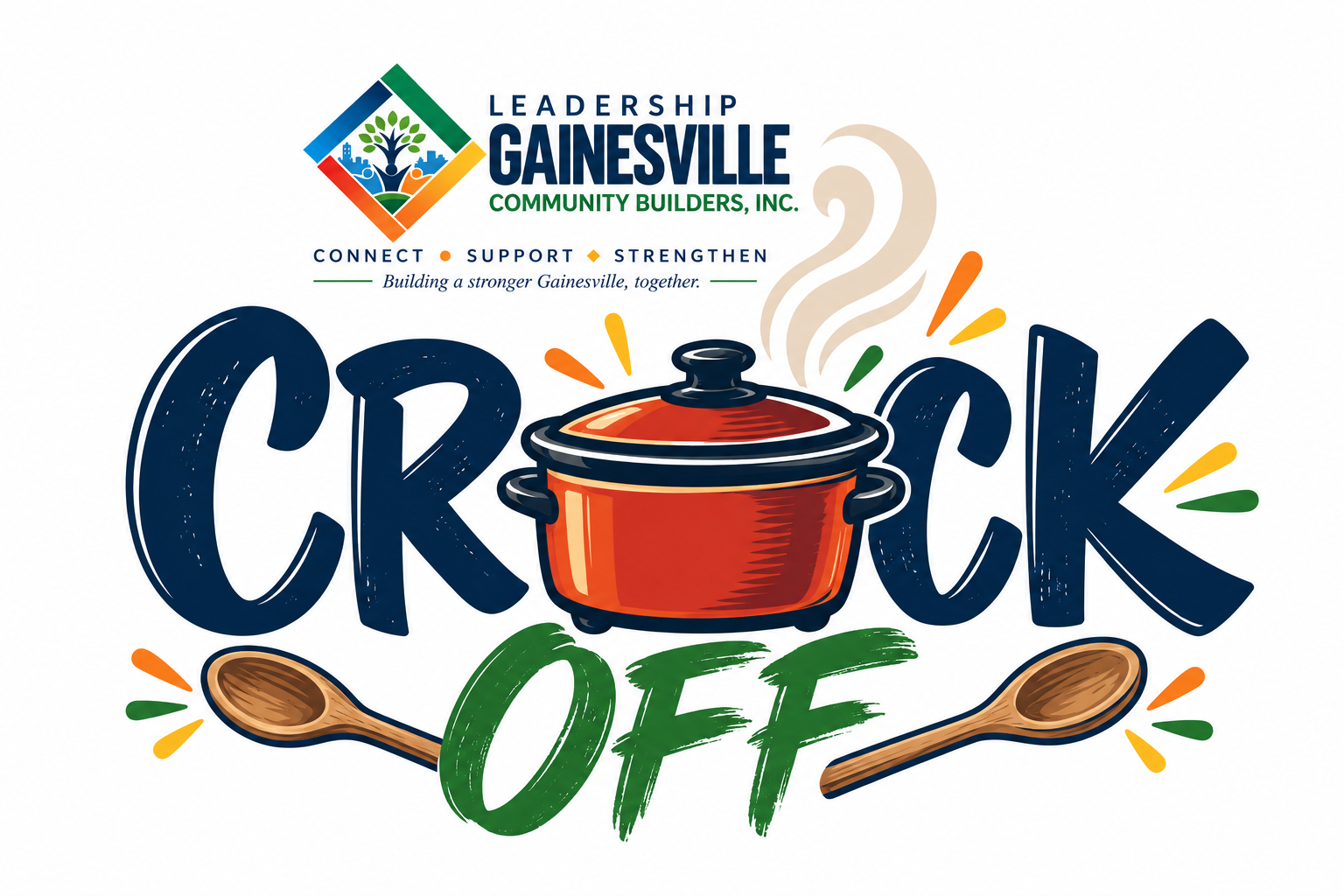 The Crock Off event logo featuring a colorful slow cooker, wooden spoons, and Leadership Gainesville Community Builders branding